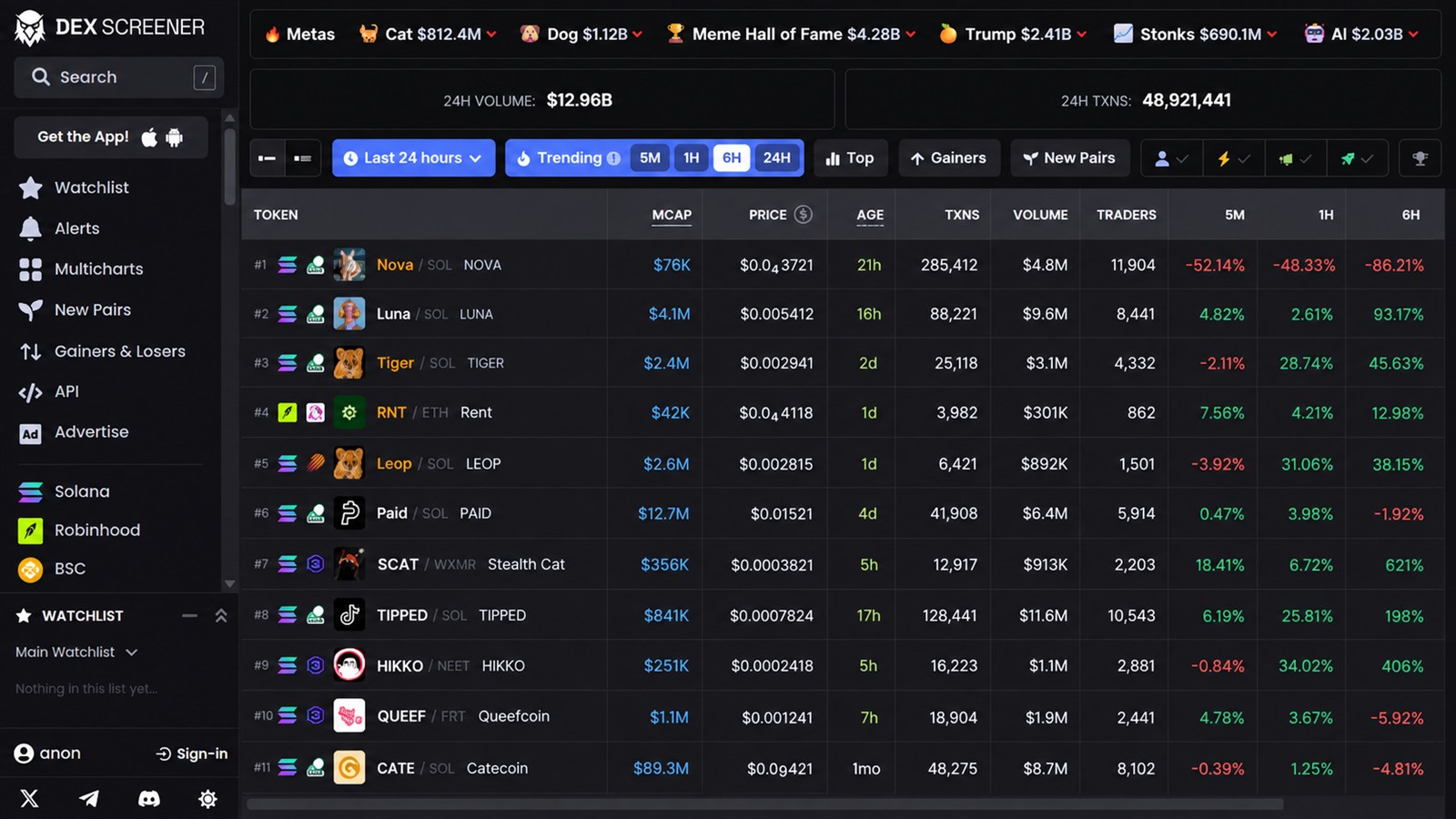 DexScreener main market screen