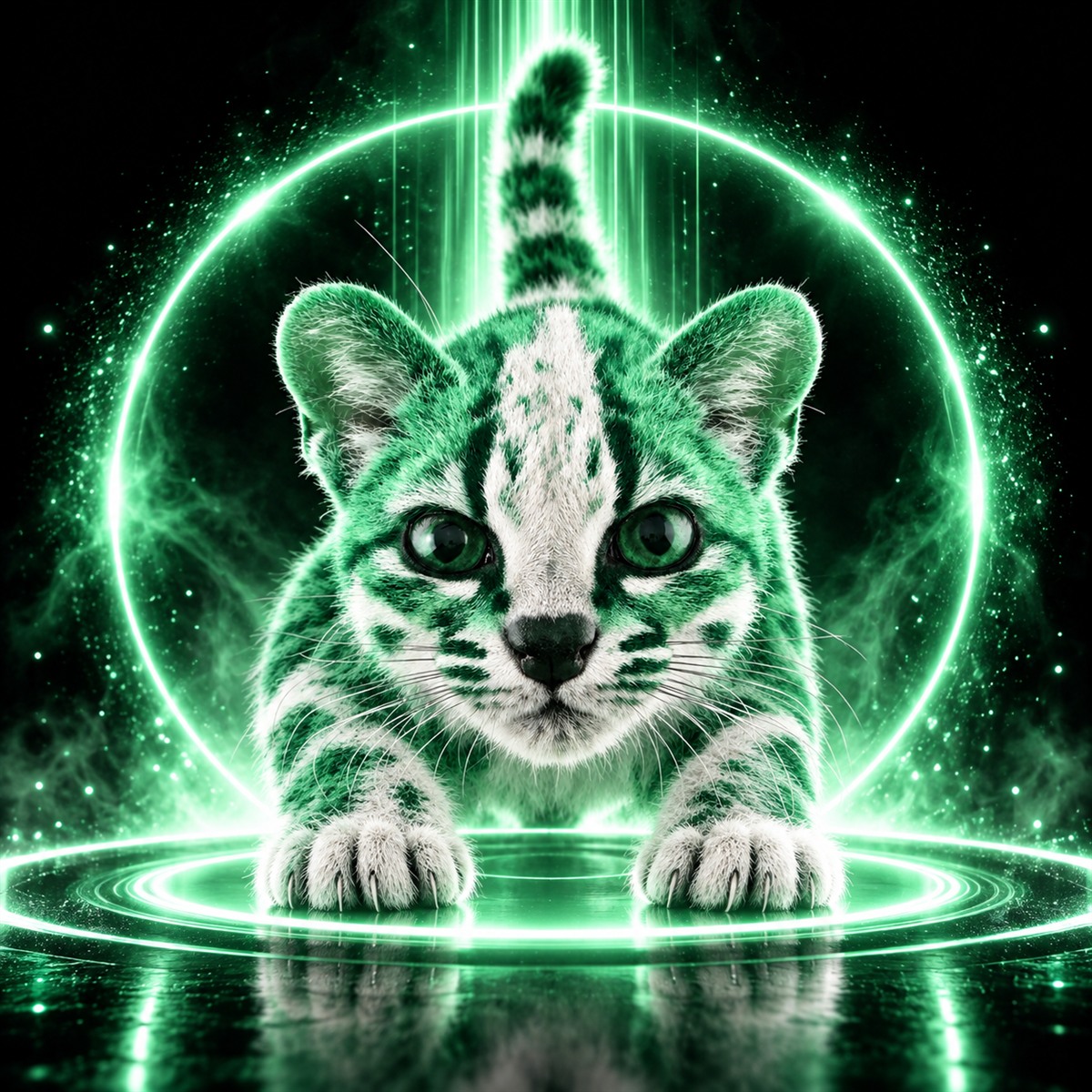 Green and white tiger kitten ready to leap from an emerald launch ring